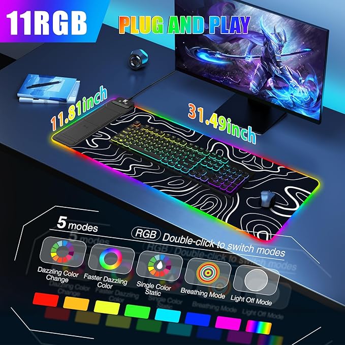 Mouse Pad with Foldable Phone Holder &amp Wireless Charger XL RGB Gaming Mousepad 31.5x11.8 Large Desk Mat for Keyboard Home Desk Pad with Dual Qi Charging Station | 11 Colors &amp 5 Modes | Wat