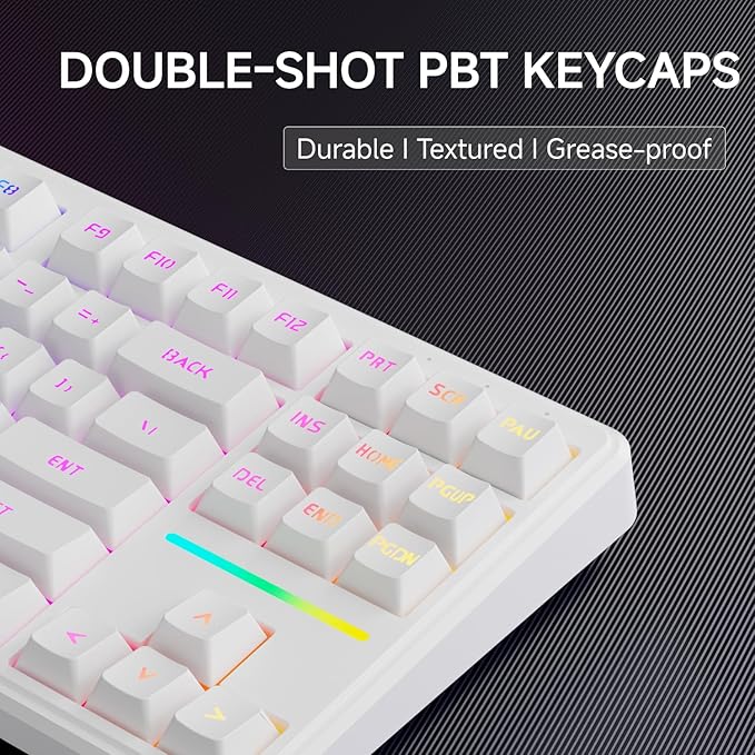 V80 Wired TKL RGB Gaming Keyboard 80% Compact Layout with PBT Keycaps Whisper Quiet Membrane Switch 26-Key Anti-Ghosting Ergonomic Computer Keyboard for Laptop PC Gamer - White