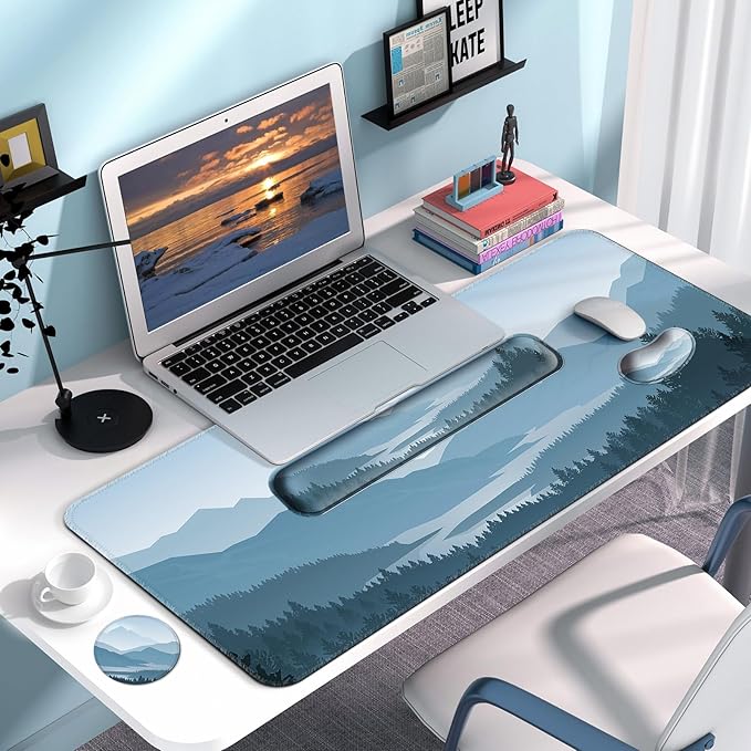 Keyboard Wrist Rest + Mouse Pad with Wrist Support + Desk Mat + Coaster 4 in 1 Set XXL Large Gaming Mousepad Cute Ergonomic Mouse Pads for Desk Computer Laptop Office Decor-Vector Forest