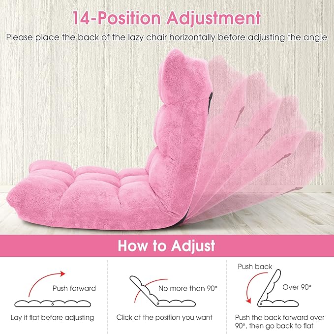 Byroce Folding Floor Gaming Chair 14-Position Adjustable Lazy Padded Sleeper Sofa Bed with Back Support Couch Recliner Floor Chair for Meditation Reading in Bedroom Living Room (Pink)