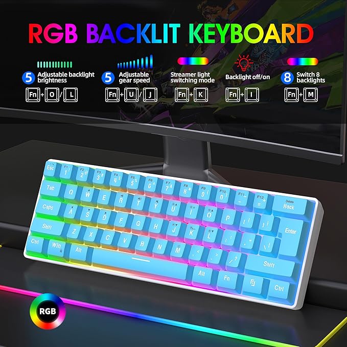 Snpurdiri 60% Wired Gaming Keyboard Small Ultra-Compact 61 Keys RGB Backlit 60 Percent Gaming Keyboard for PC/Mac Gamer Typist Travel Easy to Carry on Business Trip (Blue)