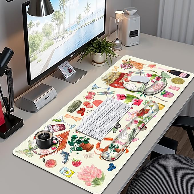 Mouse Pad 4 in1 Large Desk Mat Desk Pad Matt for Desktop Anti-Slip XXL Big Computer Ergonomic Mousepad with Wrist Support for Keyboard and Mouse for Women I Watercolor Stickers