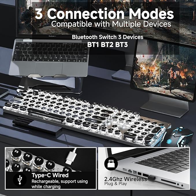 EWEADN TK950 Typewriter Mechanical Keyboard and Mouse 104 Keys Aesthetic Typewriter Keyboard Mouse Combo with White Backlit Anti-Ghosting Black Switch Bluetooth/2.4GHz/Wired Cute Keyboards-Black