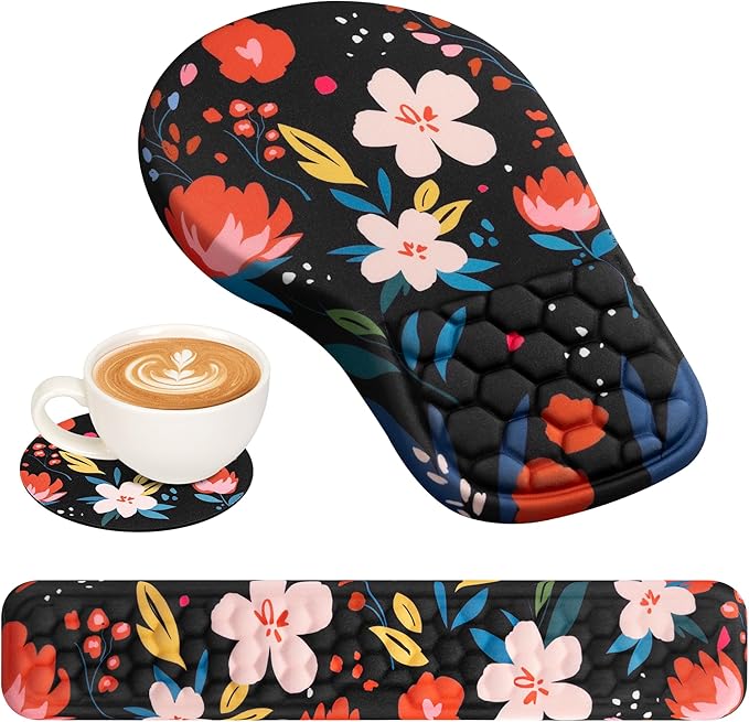 EYROZILL 3 in 1 Ergonomic Mouse Pad and Keyboard Wrist Rest Cute Mouse Pad with Wrist Support Massage Design Non-Slip Wrist Pad for Mouse Desk Mouse Set(Flower)