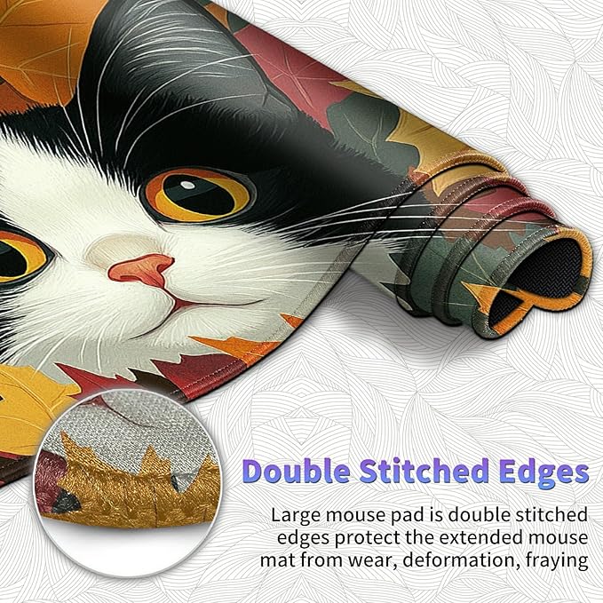 Large Mouse Pad Set Desk Mat + Elbow Rest Pad + Coaster Easy Typing Pain Relief Ergonomic Arm Rest Pad with Memory Foam Extended Desk Pad Anti-Slip Rubber Base for Office Home Autumn Cat