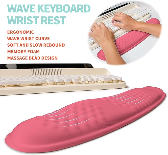 2-in-1 Ergonomic Set Wave Rise Keyboard Wrist Rest and Massage Bulge Slope Mouse Pad Wrist Support Cushion Memory Foam Integrated to Relieve Wrist Pain Muskmelon Pink