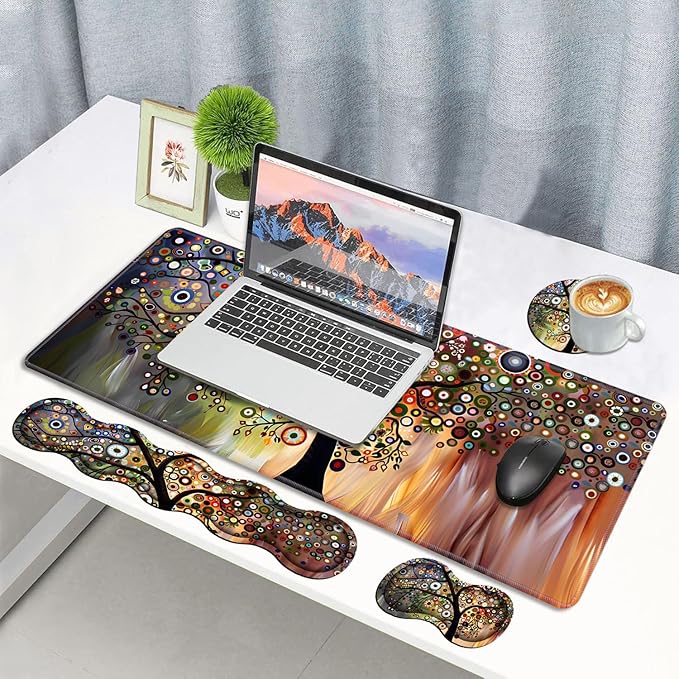 4 in 1 Ergonomic Memory Foam Mouse Pad Wrist Rest Set Large XXL Gaming Desk Pad + Keyboard Wrist Rest + Mouse Wrist Cushion + Coaster for Home Office Study Gaming Tree of Life