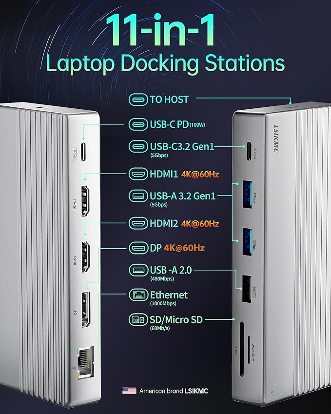 USB C Docking Station 3 Monitors11 in 1 Laptop Docking Station Dual Monitor with Dual HDMI 4K@60hz+DP 4k@60Hz+Ethernet+3USB+1USB C+PD+SD/TFUSB C Hub Multiport Adapter for Dell/HP/Surface/Lenovo