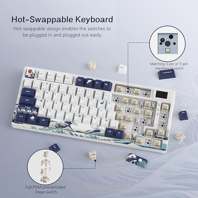 Womier SK80 75% Keyboard with Color Multimedia Display Mechanical Gaming Keyboard Wired Hot Swappable Gasket Mount RGB Custom Key Board Pre-lubed Stabilizer for Mac/Win White Kanagawa
