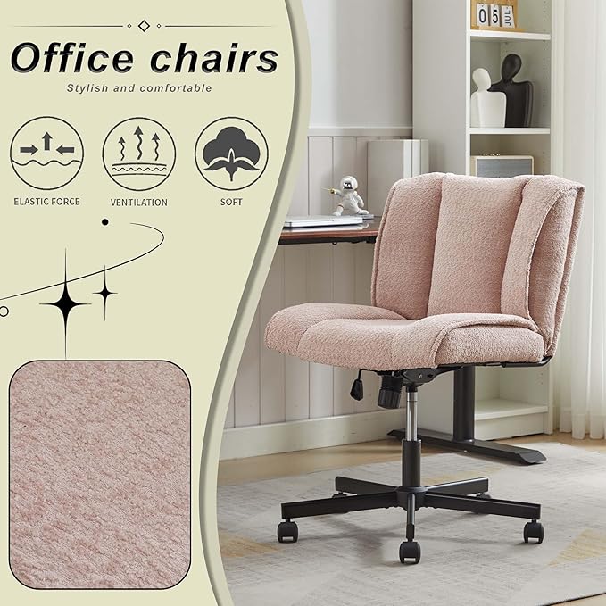 DHAEY Office Desk Armless Chair Cross Legged Office Chair Wide Comfty Desk Chair with No Wheels Modern Height AdjustableSwivel Fabric Vanity Chair Computer Task Chair for Home Office Pink