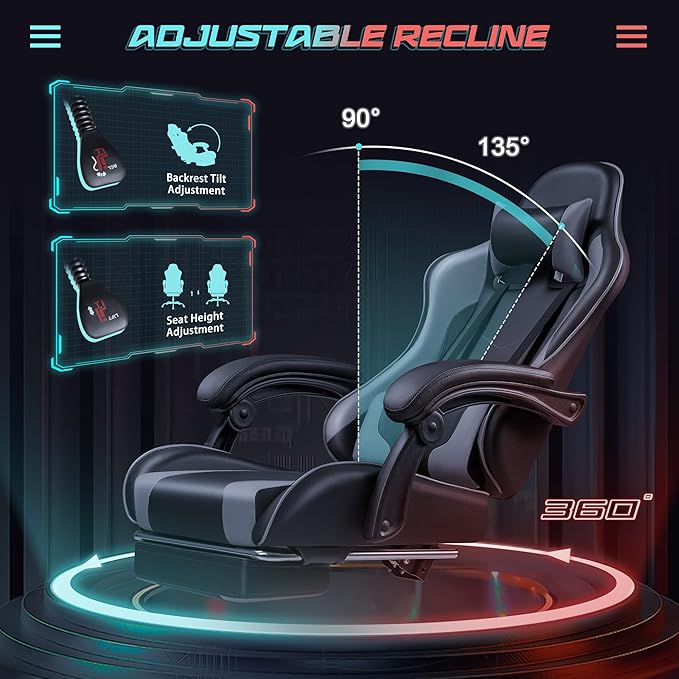 JUMMICO Gaming Chair Ergonomic Computer Chair with Footrest and Massage Lumbar Support Height Adjustable Video Gaming Chair with 360° Swivel Seat and Headrest (Grey)