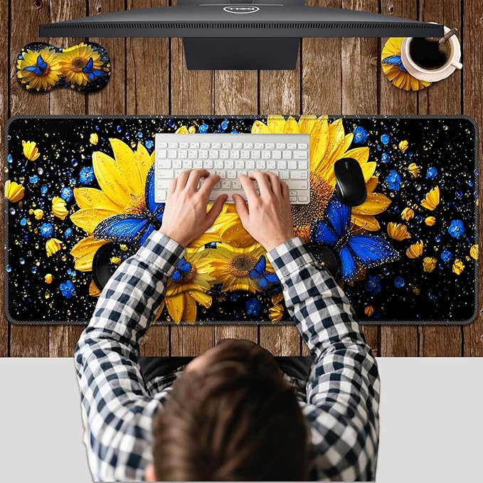 Ergonomic Keyboard Wrist Rest &amp Mouse Pad Wrist Rest SetXL Gaming Desk Mat 31.5x 11.8Non-Slip BaseMemory FoamEasy Typing Pain Relief for Office &amp HomeSunflowers Blue Butterflies