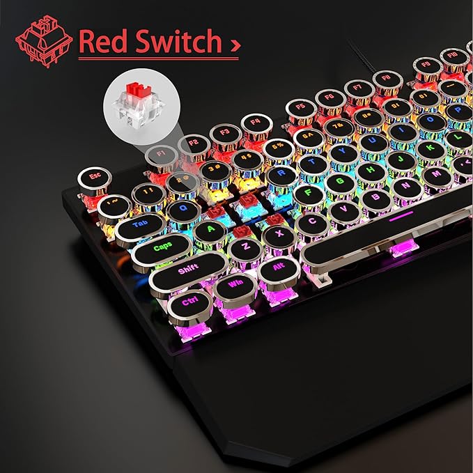 Typewriter Mechanical Gaming Keyboard and Mouse Combo Retro Punk Round Keycaps RGB Rainbow Backlit Wired Keyboard for Game and Office for Windows Laptop PC Red Switches(Black)