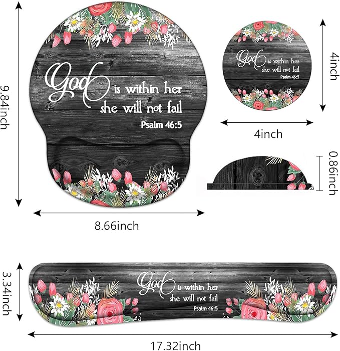 Keyboard Wrist Rest and Mouse Pad Wrist Support Set with Coasters Ergonomic Gaming Mousepad for Home Office Working Studying Easy Typing &amp Pain Relief Floral Quote Bible Verse Psalm 46:5