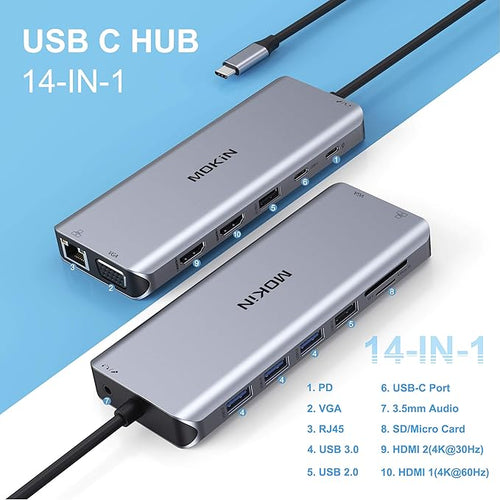 14 in 1 USB-C Docking Station - Dual Monitor Laptop Dock with 2 HDMI VGA 5 USB SD/TF for Dell/Surface/HP/Lenovo Laptops