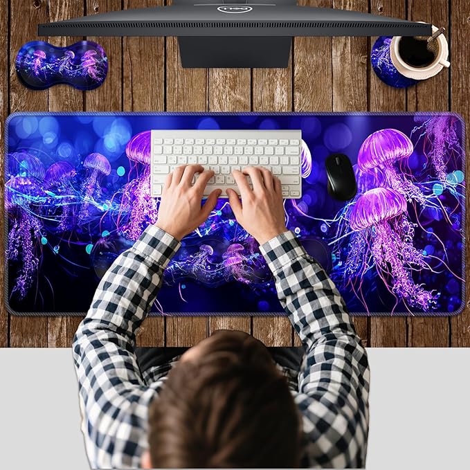 Ergonomic Keyboard Wrist Rest &amp Mouse Pad Wrist Rest SetXL Gaming Desk Mat 31.5x 11.8Non-Slip BaseMemory FoamEasy Typing Pain Relief for Office &amp HomeNeon Purple Jellyfish
