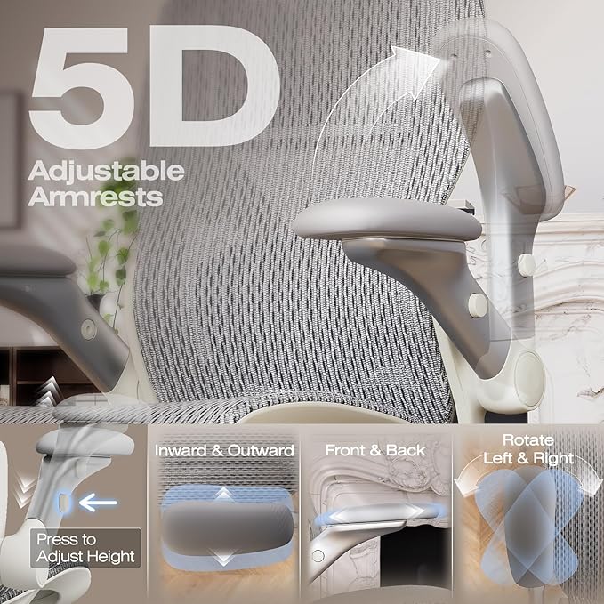 ELABEST X100 Ergonomic Office Chair with Footrest Big and Tall Home Desk Chair with 5D Flip-Up Arms Adjustable 3D Lumbar SupportHigh Back Rolling Computer Chair Swivel Mesh Chairs (Frosted Dawn)