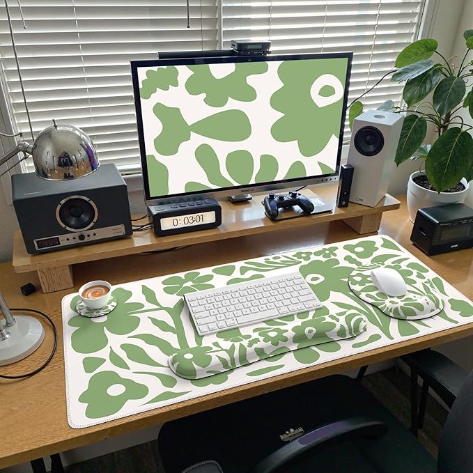 iCasso Desk Cover Mat 4in1 Floral Large Mouse Pad with Wrist Rest Desk Matt for Desktop Anti-Slip XXL Big Computer Ergonomic Mousepad with Wrist Support for Keyboard and Mouse (Green)
