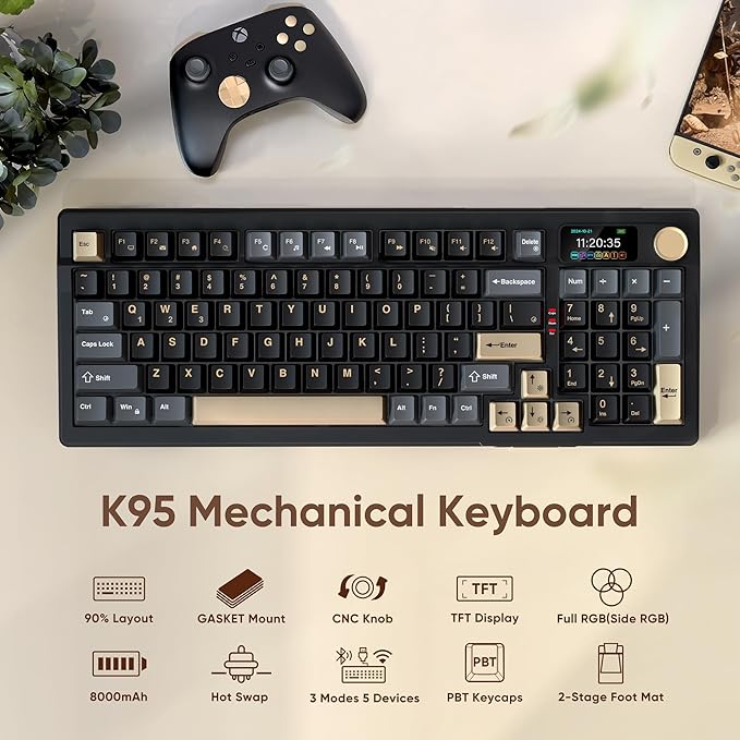 RedThunder K95 Wireless Mechanical Keyboard TFT Screen &amp Knob Tri-Mode BT5.0/2.4GHz/USB-C Hot Swappable Custom Pre-lubed Linear Pink Switches Gasket Structure RGB Gaming Keyboard Black-Gold