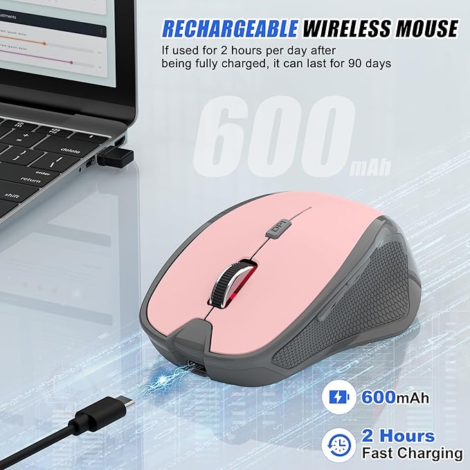 Bluetooth Wireless Mouse for Mac MacBook Air iPad Pro PC Ergonomic Rechargeable Computer Mouse with Jiggler Mode 3 DPI Levels &amp Forward/Back Buttons Laptop Mice for Office/Home/School Pink