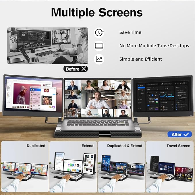 Laptop Screen Extender - 14 Triple Portable Monitor 360 Degrees Rotation IPS FHD 1080P Detachable Screen with Stand for Windows/MacChrome
