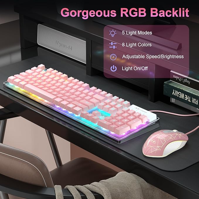 Gaming Keyboard and Mouse Combo K1 RGB LED Backlit Keyboard with 104 Keys Computer PC Gaming Keyboard for PC/Laptop (Pink)