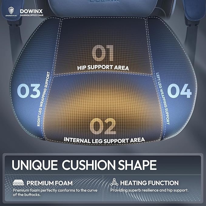 Dowinx Fabric Gaming Chair with Heated Massage Lumbar Support Computer Game Chairs for Adults Big Tall Gamer Chair with Pocket Spring Cushion and Footrest Recliner Gaming Chairs for AdultBlue