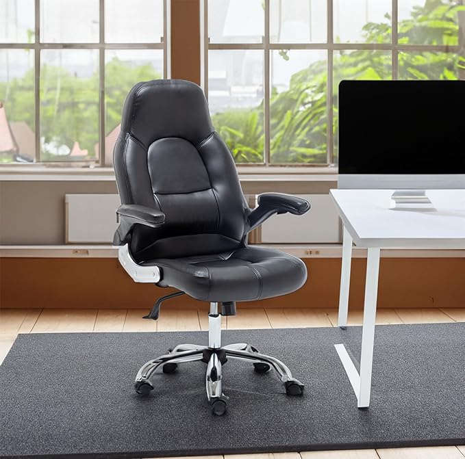 BTEXPERT Swivel Adjustable Black Home Office Gaming Chair Executive Flip up Arms with Lumbar Support Headrest PU Leather Executive High Back for Computer Adults Women Men