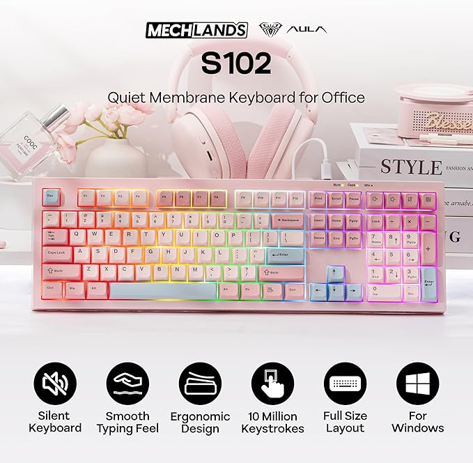 MechLands Aula S102 Membrane Gaming Keyboard with Number Pad 100% Full Size Layout USB-C Wired RGB Backlit Creamy Silicone Structure Silent Keyboard for PC Game/Office (Pink)