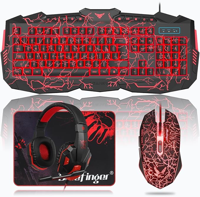 BlueFinger Gaming Keyboard Mouse Headset Combo USB Wired Crack Backlit114 Keys Letters Glow LED Keyboard Red LED Light Headset for Laptop PC Computer Work and Game