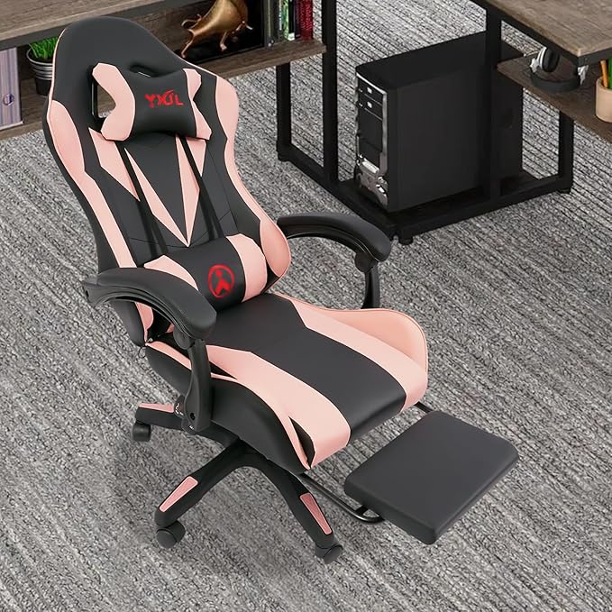 Gaming Chair with Footrest Computer Chair with and Lumbar Support Height Adjustable Game Chair for Office or Gaming (Pink)