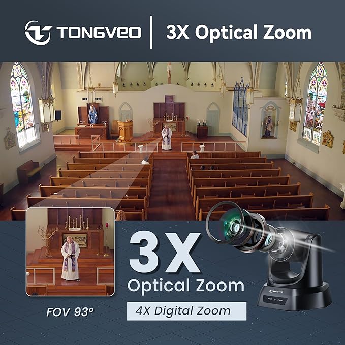 TONGVEO AI Wireless PTZ Camera System with Auto Tracking Built-in Receiver &amp Bluetooth Speakerphone 5.8GHz 1080P 60fps Conference Camera with 3X Optical Zoom for Church Zoom OBS Meetings