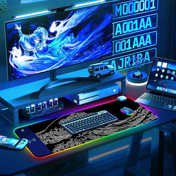 ToLuLu RGB Wireless Charging Gaming Mouse Pad 7.5/10/15W 10 Light Modes LED Mouse Pad Computer Keyboard Mat Mousepad 800x300x4MM Extended Large Desk Pad Mat Japanese Kanagawa Sea Wave Black White