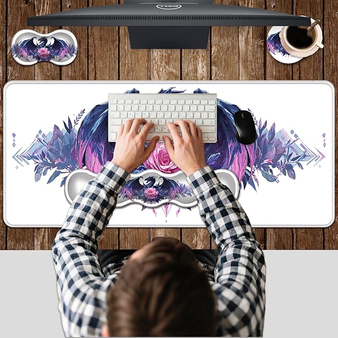 Ergonomic Keyboard Wrist Rest &amp Mouse Pad Wrist Rest SetXL Gaming Desk Mat 31.5x 11.8Non-Slip BaseMemory FoamEasy Typing Pain Relief for Office &amp HomeBlue Dragon with Pink Rose