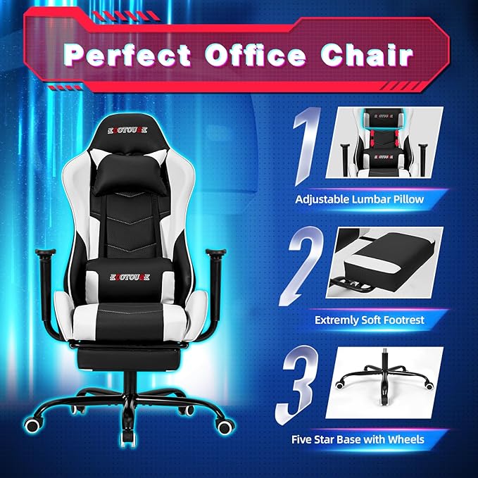 ECOTOUGE PC Massage Gaming Chair with Footrest Ergonomic Office Desk Chair Racing PU Leather Recliner Swivel Rocker with Headrest and Lumbar PillowWhite