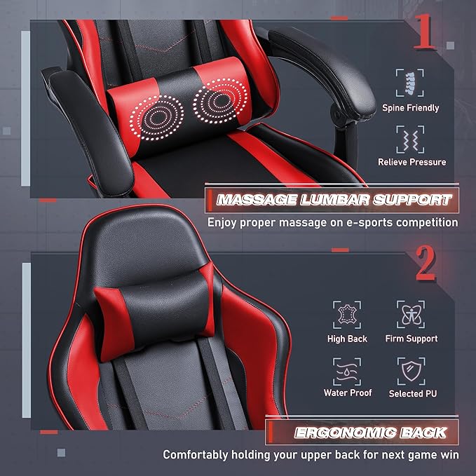 Furmax Gaming Chair Video Game Chair with Footrest and Massage Lumbar Support Swivel Seat Height Adjustable Computer Chair with Headrest Racing E-Sport Gamer Chair (Red)