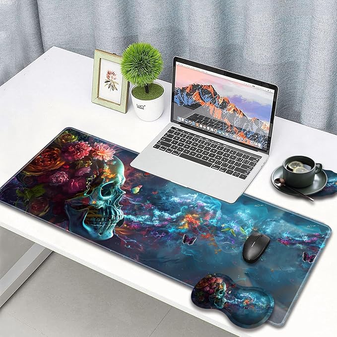 Large Gaming Mouse Pad + Wrist Rest + Lace Coaster Non-Slip Set with Sewn Edges and Waterproof Expandable Desktop Pad Suitable for Office/Home Butterfly and Skull Flowers