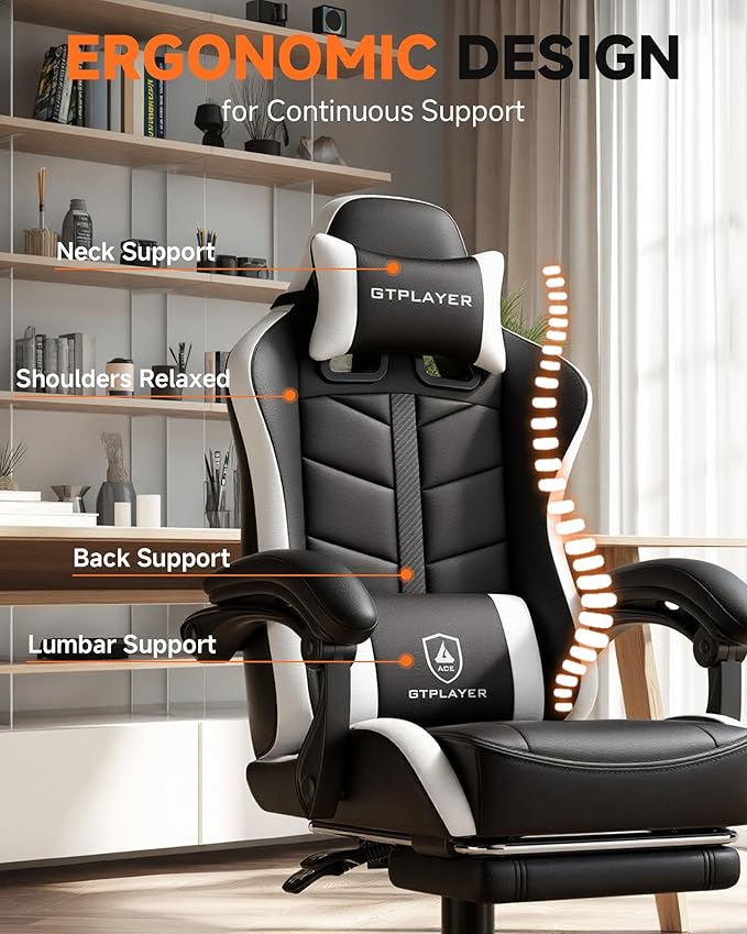 GTPLAYER Gaming Chair Ergonomic Computer Office Chairs for Adults with Footrest Height Adjustable Linkage Armrests 90-155° Recline &amp Headrest Lumbar Support Black &amp White