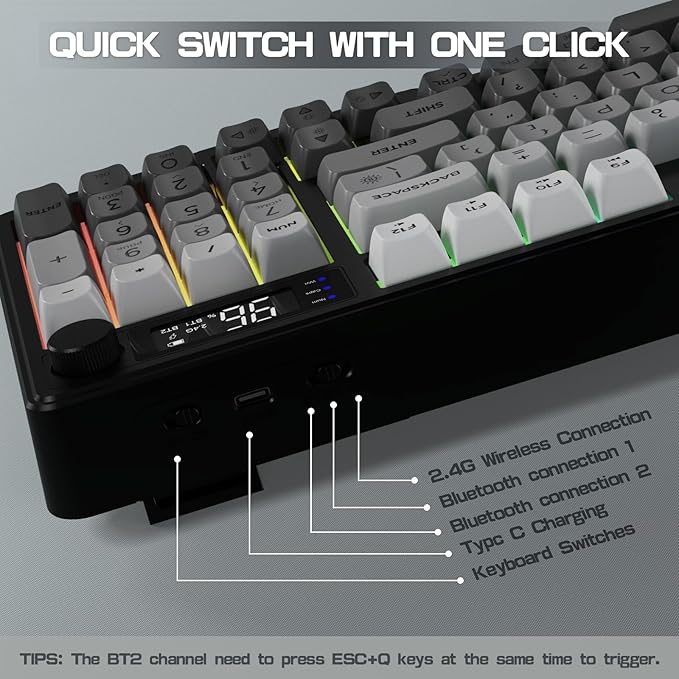 LexonElec M96 Wireless Keyboard Low Profile Quiet Typing Membrane Gaming Keyboard with Smart Display &amp Knob RGB Backlit USB C Rechargeable 94 Keys PBT Keycap for Windows PCMacLinux-Moonlit N