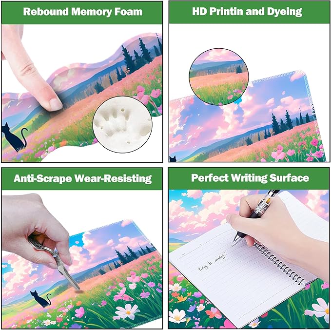 ARTSO Keyboard Wrist Rest Large Mouse Pad Wrist Support 4 in 1 Memory Foam Keyboard Pad Desk Mat Set Ergonomic Wrist Rest Cushion for Home Office Gaming-Cat and Flower Sea