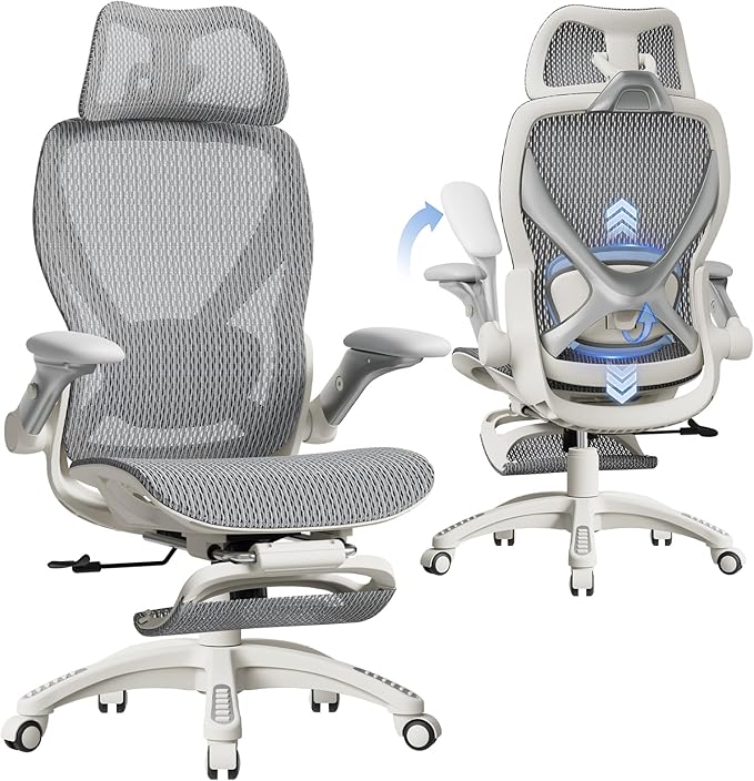 ELABEST X100 Ergonomic Office Chair with Footrest Big and Tall Home Desk Chair with 5D Flip-Up Arms Adjustable 3D Lumbar SupportHigh Back Rolling Computer Chair Swivel Mesh Chairs (Frosted Dawn)