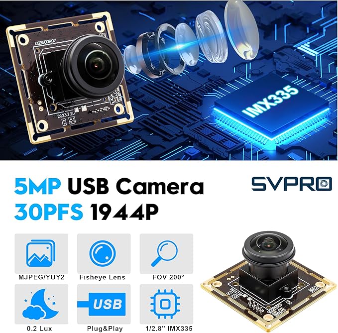 SVPRO 5MP 30FPS Fisheye USB Camera Module 200 Degree Ultra Wide Angle Webcam Board IMX335 Sensor Low Light Computer Vision Industrial Security Camera for PCRaspberry Pi Jeston Nano(M12 Lens)