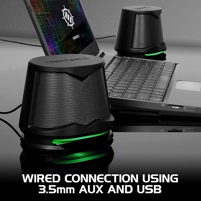 ENHANCE SB2 USB Computer Speakers 2.0 Stereo with Green LED Lighting 10W Peak High Excursion Drivers 3.5 mm Aux in Line Volume and Light Switch PC Laptop Desktop