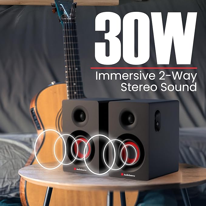 Audiosource Bluetooth 2-Way Bookshelf Speakers 30W RMS Powered Desktop Speakers/Woofer Rear Bass Port AUX &amp USB MP3 Playback Multipoint Pairing Wood Cabinet – Hi-Fi PC Gaming &amp Music Syst