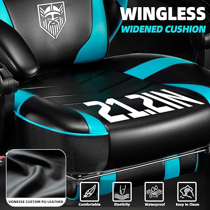 Vonesse Gaming Chair Big and Tall Gaming Chair with Footrest and Massage Gaming Chairs for Adults with Lumbar Support Ergonomic High Back Computer Chair with Pocket Spring Cushion (Cyan/Black)