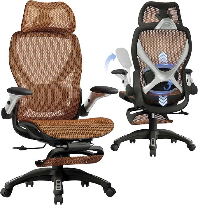 ELABEST X100 Ergonomic Office Chair with Footrest Big and Tall Home Desk Chair with 5D Flip-Up Arms Adjustable 3D Lumbar SupportHigh Back Rolling Computer Chair Swivel Mesh Chairs