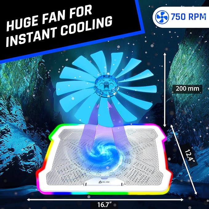 KLIM Ultimate + RGB Laptop Cooling Pad with LED Rim + New + Gaming Laptop Cooler + USB Powered Fan + Very Stable and Silent Laptop Stand + Compatible up to 17 + PC Mac PS5 PS4 Xbox One - White