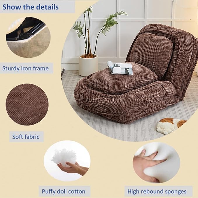 Floor Chair with Back Support Folding Sofa Chair with 5 Adjustable Position Plush Floor Gaming Chair Meditation Chair for Lazy Boys Human Dog Bed for Living Room Bedroom Lounge Brown