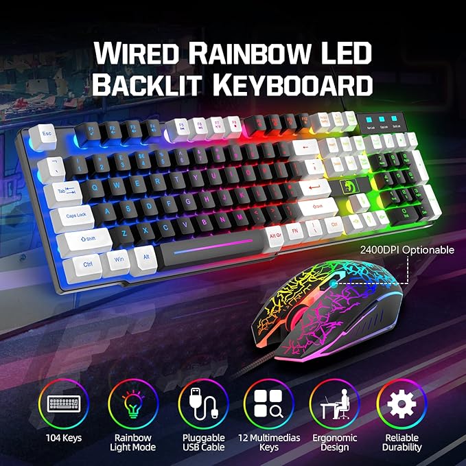 Wired Rainbow LED Backlit Keyboard and Mouse Over Ear Headphone with Mic Gaming Mice and Pad for PC Xbox and PS4 (Black/White)