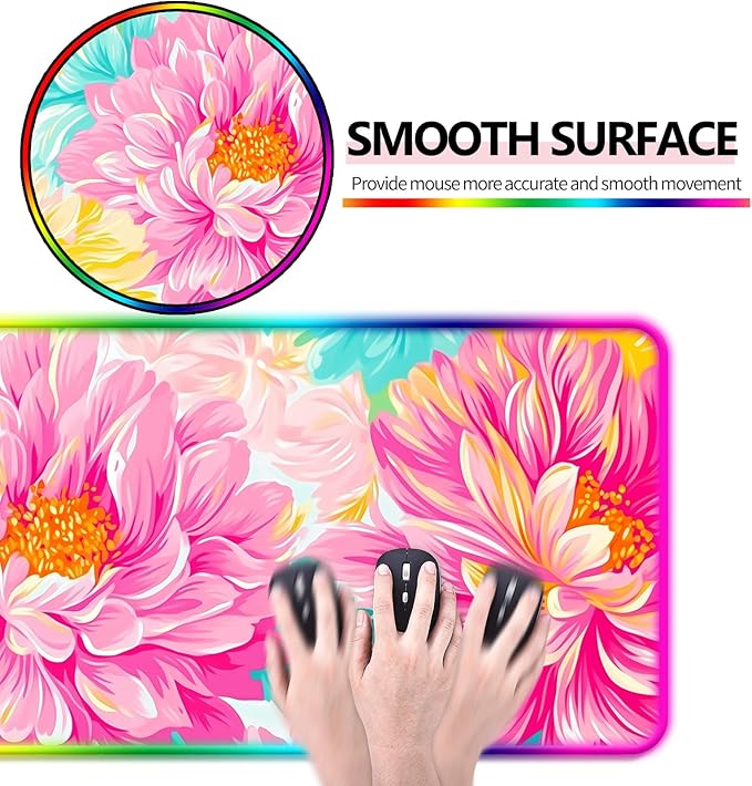 RGB Pink Flower Gaming Desk Mat Computer Keyboard Large Extended Long Floral LED Mouse Pad for Office and Home XL (W29)